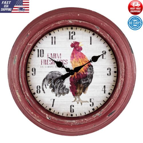 Rustic Rooster Quartz Wall Clock Distressed Kitchen Decor Battery Operated New