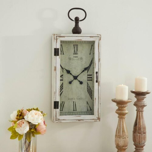 Rustic Tall Vintage French Wall Clock Roman Numerals Distressed White Wood Frame