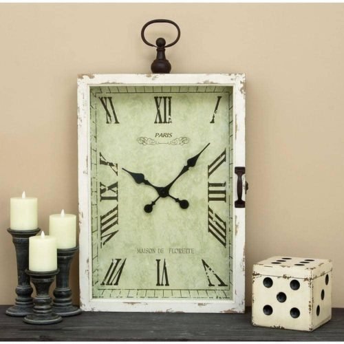 Rustic Vintage Style Wall Clock Roman Numerals Distressed White Wood Box Frame