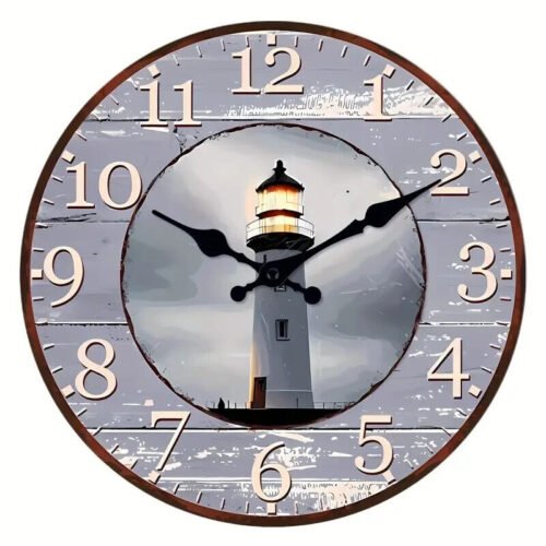 Rustic Wood-Style Country Lighthouse Wall Clock For Nautical or Country Décor