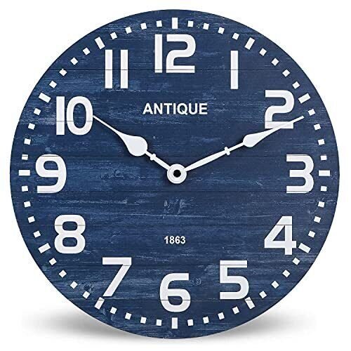 Rustic Wood Wall Clock - 12 Inch Battery Operated Silent Non Ticking Navy Blue