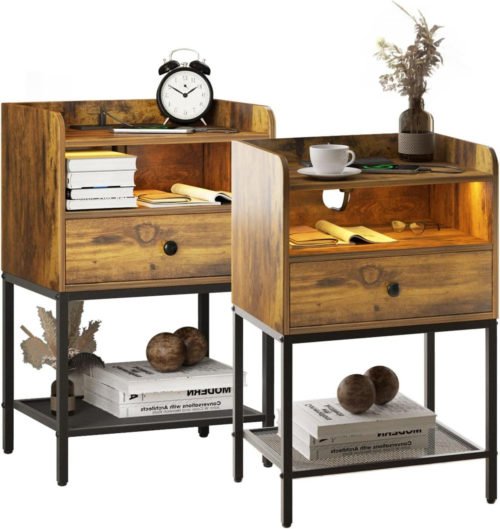 Saedew Nightstands Set of 2 with Charging Station and LED Lights,Brown Brown