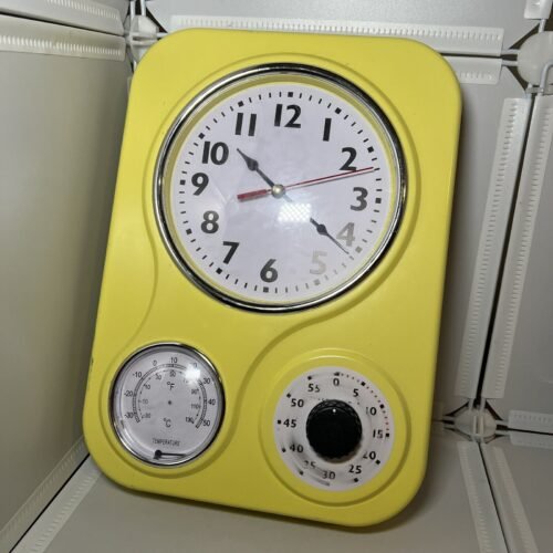 Sangtai RETRO KITCHEN WALL CLOCK W/ THERMOMETER & 60 MINUTE TIMER YELLOW METAL
