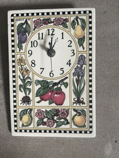 Santa Barbara Ceramic Design Fruit/Floral Wall Clock. 6” Wx8” H New Condition