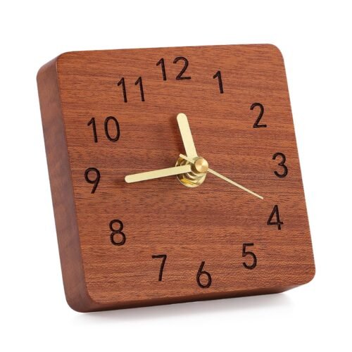 Sapele Wood Square Table Clock on Stand Decorative Battery Operated Desk Clock