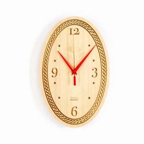 Scandinavian-Style Ash Wood Wall Clock with Oval Design and Striking Red Hands