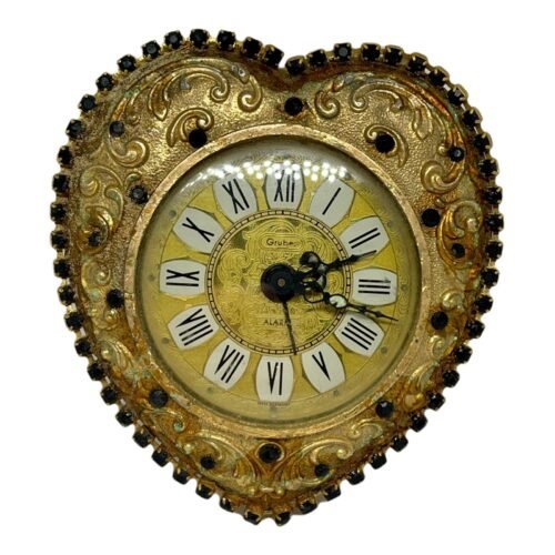 SCARCE VINTAGE GRUBER BRASS RHINESTONE HEART SHAPED WIND UP ALARM CLOCK