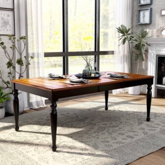 Schenly 78 in. Rectangle Black and Antique Oak Wood Expandable Dining Table...