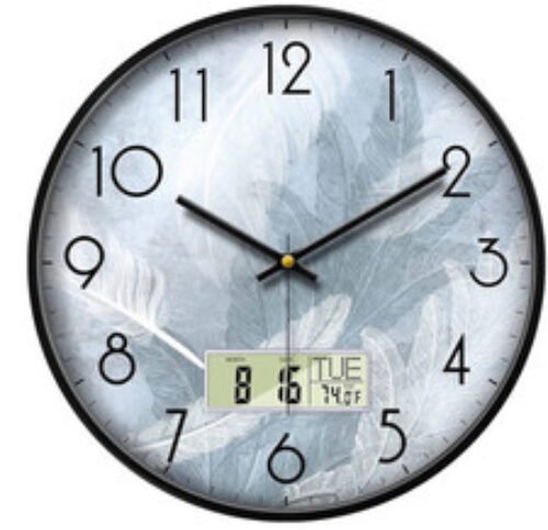 SCOAGE Silent Wall Clock with Temperature Day and Date Blue Feathers