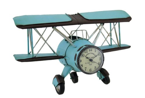 Scratch & Dent Blue Barnstormer Retro Biplane Wall Clock Sculpture 12 Inch