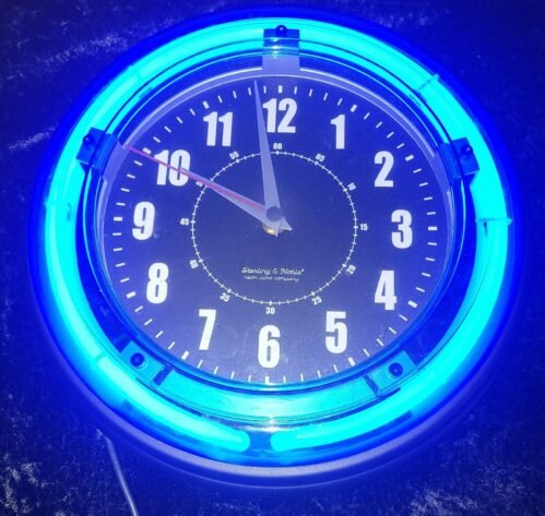 Sea Blue Neon Light Analog Wall Clock By Sterling and Noble, 11" Vibrant