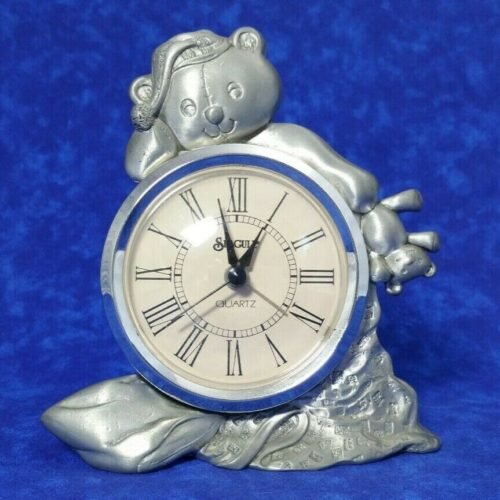 Seagull 1992 Pewter Bedtime Teddy Bear Quartz Desk Clock HTF