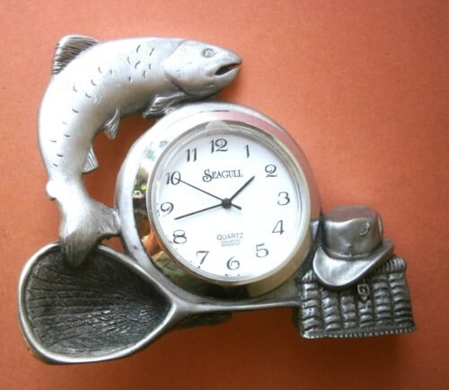 SEAGULL Pewter Desk Clock with Fishing Motif