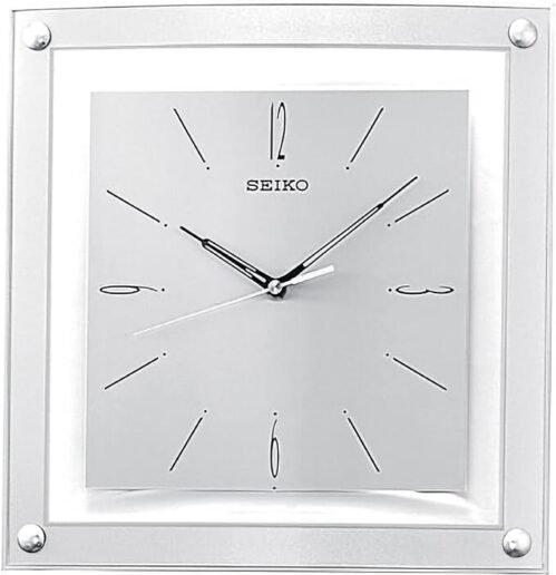 Seiko Clocks Translucent Silver Tone 12 Inch Curved Glass Crystal Square Wall