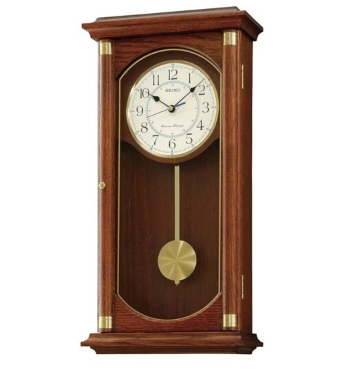 Seiko Dark Wood Oak Finish Westminster Chime Battery Pendulum Wall Clock QXH039B