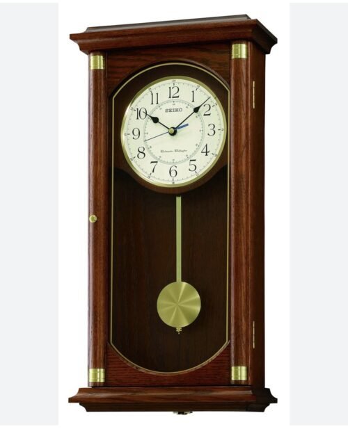 Seiko Dark Wood Oak Finish Westminster Chime Battery Pendulum Wall Clock QXH039B