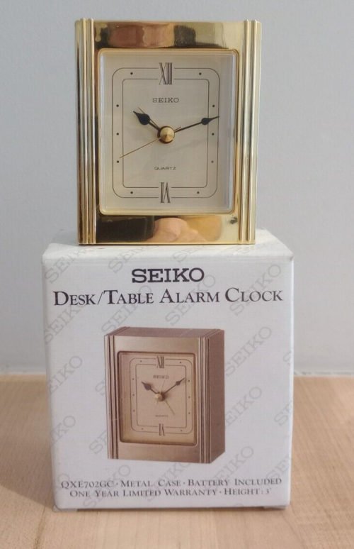 Seiko gold tone metal mini desk/table clock with alarm. New in Box.