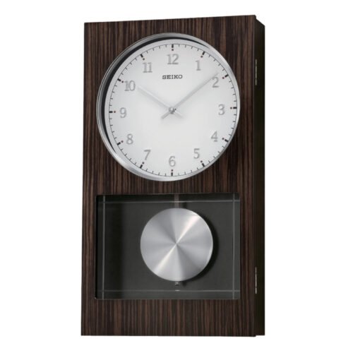 Seiko Modern Dark Wooden Wall Clock with Pendulum and Dual Brown