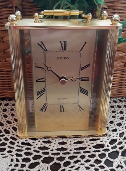 Seiko #QQZ164G Carriage Style Desk Mantle Clock Vintage Brass Gold Tone Quartz