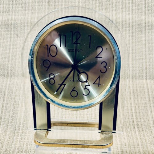 SEIKO Quartz Alarm Desk Table Clock Black & Gold Tone Metal Acrylic