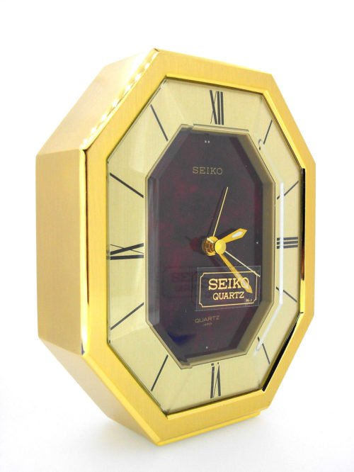 Seiko Quartz desk or table Alarm Clock, dark red face, hexagonal dial, QEJ196R