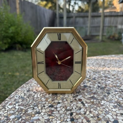 Seiko Quartz desk or table Alarm Clock, dark red face, hexagonal dial, QEJ196R