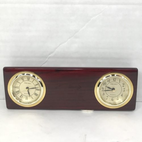 Seiko Quartz Double Desk Clock Mahogany Gold Trimmed VTG 8”