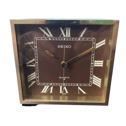 Seiko Quartz Table Clock Japan Metal QZ586 Roman Numeral Square Vintage