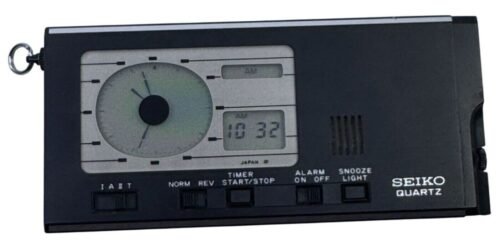 Seiko Quartz Travel Alarm Clock With Leather Case Japan Retro Black