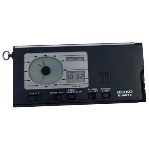 Seiko Quartz Travel Alarm Clock With Leather Case Japan Retro Black
