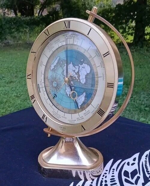 Seiko Rotational World Globe Quartz Clock QQZ292G Mantel Desk VGC 1990 Vintage
