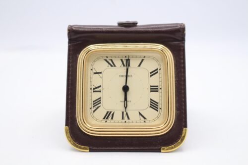 Seiko Travel Alarm Clock Quartz Roman Numeral Dial Brown Leather Case Ref QQ534B