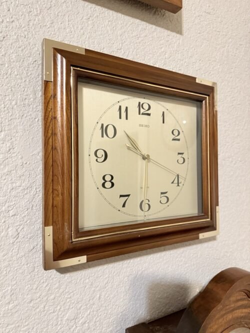 Seiko Wall Clock Square Wood & Bras Seikosha Co Movement Japan Quartz QA212A