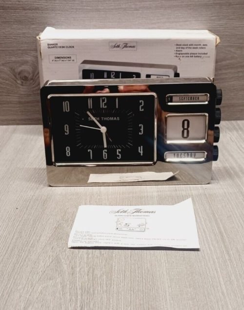 Seth Thomas Banker Desk Clock Table Month Day Date Alarm TSI 1543 OPEN BOX