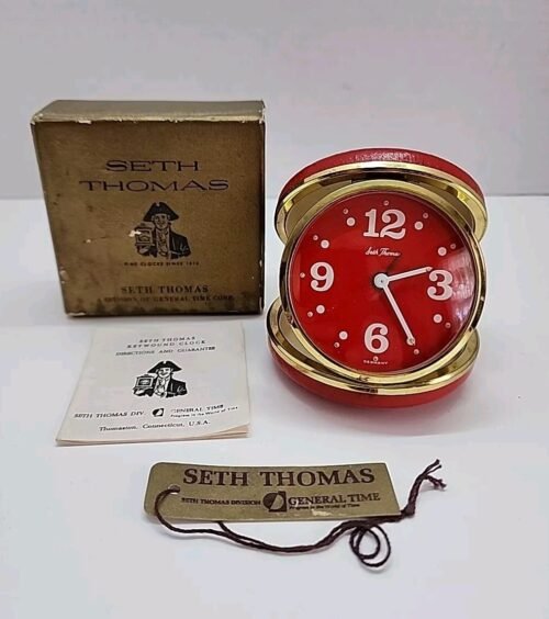 Seth Thomas Mechanical Travel Alarm Clock Red Case & Dial #3562 Germany Box Tag