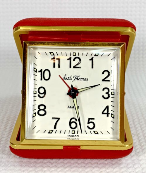 Seth Thomas Travel Alarm Clock | Red Folding Case w/ Brass Trim | Vintage 60s/70