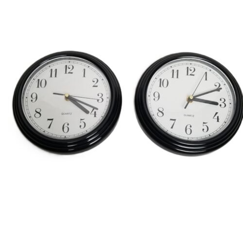 Set of 2 Matching Black Frame Wall Clocks 9 Inch Quartz Battery Round Tested