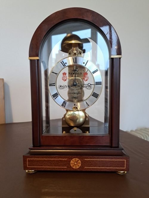 SEWILLS OF LIVERPOOL SKELETON CLOCK IN GLAZED MAHOGANY CASE. GREAT CONDITION