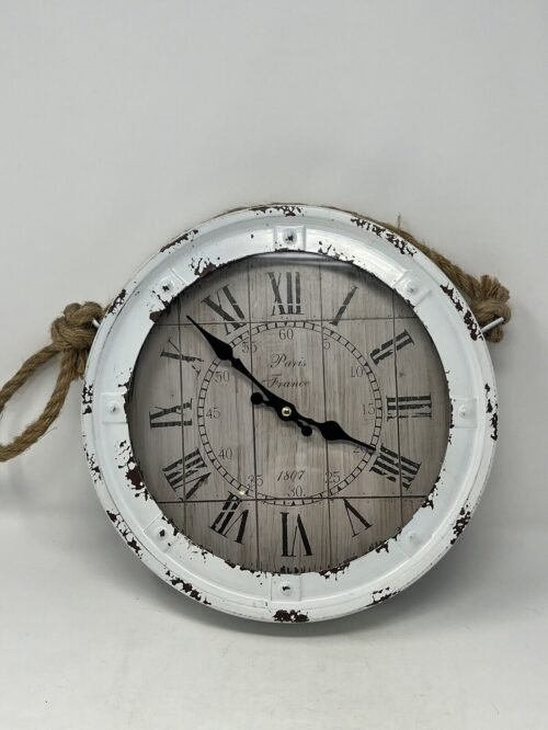 SHABBY CHIC Wall Round Clock coastal roman numerals weathered rope hanging EUC