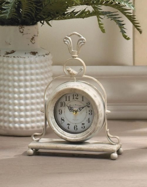 Shabby White Vintage Style Analog Clock Bird Statue Mantel Desk Table Home Decor