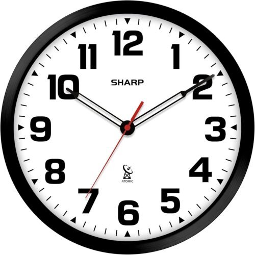Sharp Atomic Analog Wall Clock - 12" Black Stylish Frame - Sets Automatically- B
