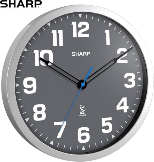 SHARP Atomic Analog Wall Clock - 12" Grey Face, Silver Brushed Finish - Sets Aut