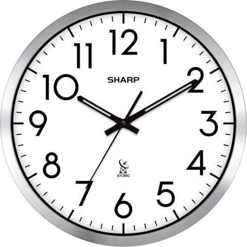 Sharp Atomic Analog Wall Clock - 12" Silver Brushed Finish 12, / White