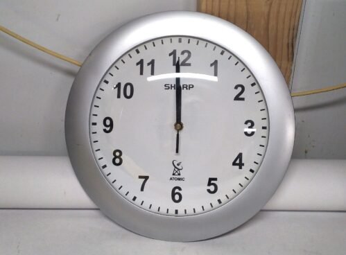 SHARP Atomic Analog Wall Clock 12" Round Silver Brushed Finish