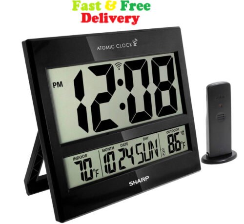 SHARP Atomic Clock Temperature Display with Wireless Outdoor Sensor-Gloss Black