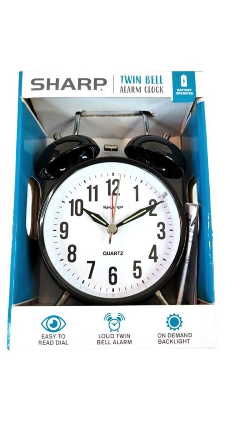 Sharp Black Twin Bell Alarm Clock Loud Bell Alarm NEW IN BOX