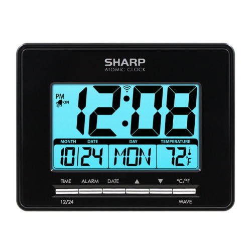SHARP Digital Atomic Clock, Atomic Accuracy, Date, Temperature, LCD Display
