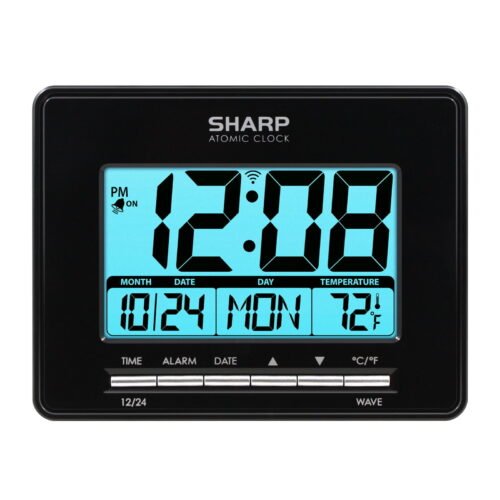 SHARP Digital Atomic Clock, Atomic Accuracy, Date, Temperature, LCD Display