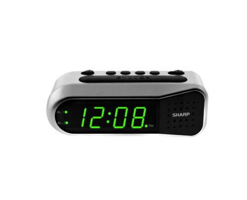 SHARP Digital Dual Alarm Clock, Silver with Green LED Display, Ascending Alarm