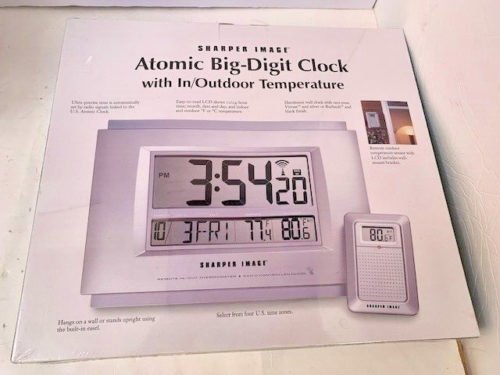 Sharper Image Atomic Big-Digit Clock In/Outdoor Temperature SF003 Silver SEALED